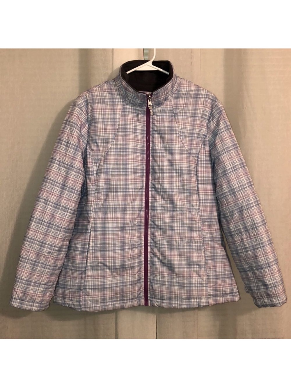 Athletech 1X White Fuchsia Pink Blue Plaid Full Zip Quilted Puffer Jacket